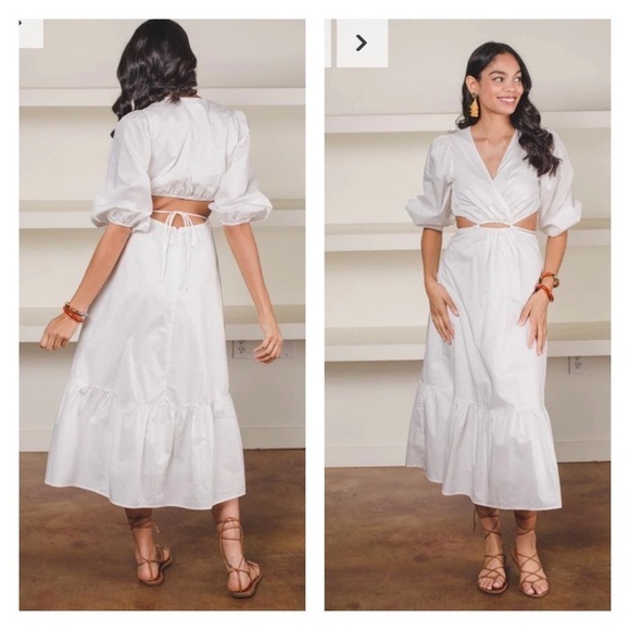 ASTR White Cutout Surplice Midi Dress Puff Sleeve Resort Vacation L NWT - Picture 10 of 14